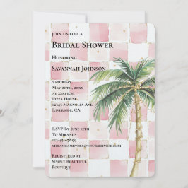 ピンクスクウェアトロピカル金ゴールドパームツリーブライダルシャワー 招待状