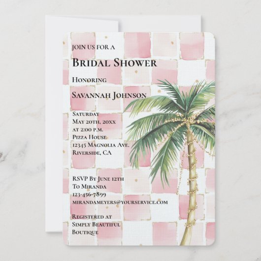 ピンクスクウェアトロピカル金ゴールドパームツリーブライダルシャワー 招待状 (正面)