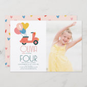 ピンクスクーターバルーンガール誕生日写真 招待状 (正面/裏面)