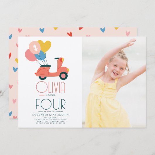 ピンクスクーターバルーンガール誕生日写真 招待状 (正面/裏面)