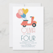 ピンクスクーターバルーンガール誕生日 招待状 (正面)