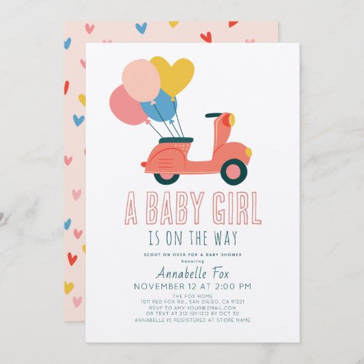 ピンクスクーター気球ガールベビーシャワー 招待状 (正面/裏面)