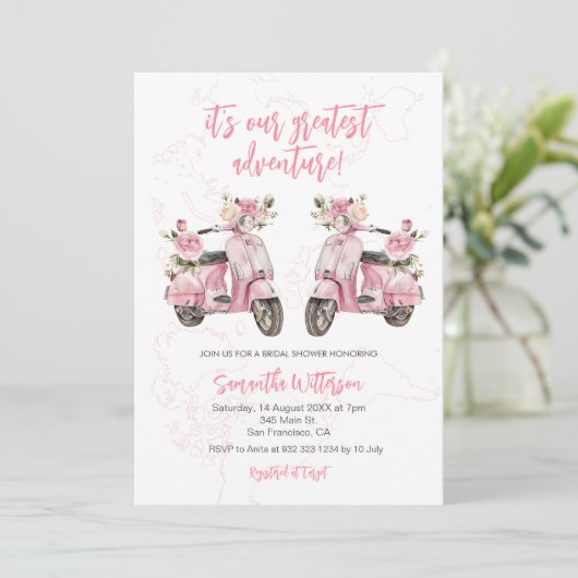 ピンクスクーター素晴らしアドベンチャーブライダルシャワー 招待状 (スタンド正面)