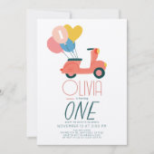 ピンクスクーター風船ガール1st誕生日 招待状 (正面)