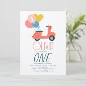 ピンクスクーター風船ガール1st誕生日 招待状 (スタンド正面)