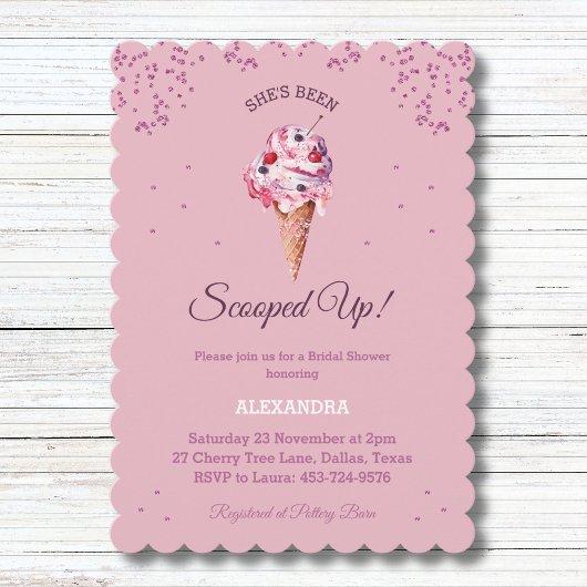 ピンクスクープしたグリッターアイスクリームブライダルシャワー 招待状