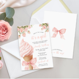 ピンクスクープのアイスクリームボウ夏の赤ちゃん女の子シャワー 招待状