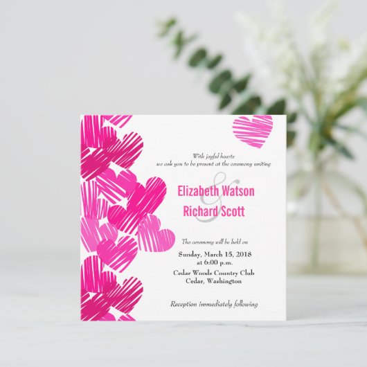 ピンクスケッチーハート結婚式招待状 招待状 (スタンド正面)