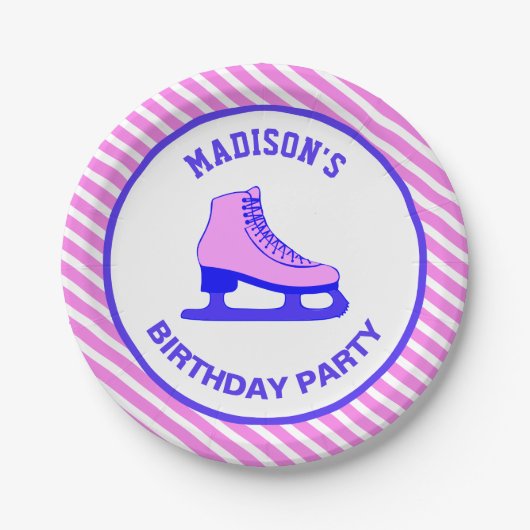 ピンクスケートアイススケートで滑る誕生日パーティー ペーパープレート (正面)