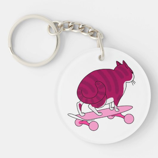 ピンクスケートボードおもしろいキャット&バイ文字 キーホルダー (正面)