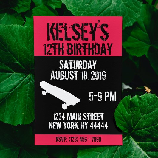 ピンクスケートボード誕生日、スケートボード、ガール 招待状