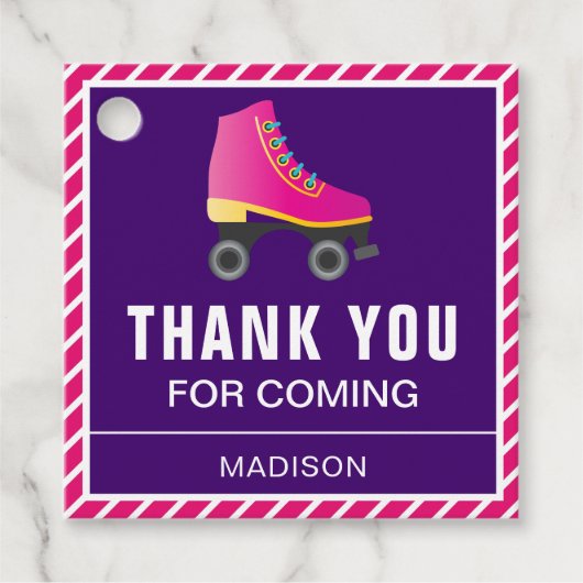 ピンクスケートローラースケートで滑る誕生日パーティー フェイバータグ (正面)