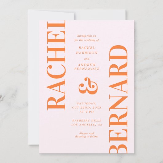 ピンクスタイリッシュとオレンジのタイポグラフィQRコー結婚ド 招待状 (正面)