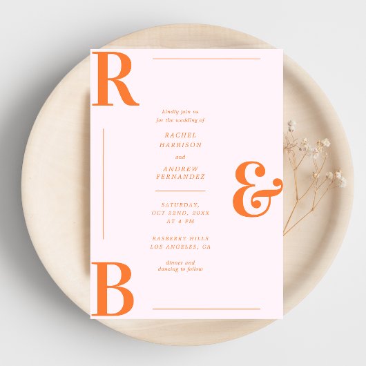 ピンクスタイリッシュとオレンジのモノグラムQRコー結婚ド 招待状