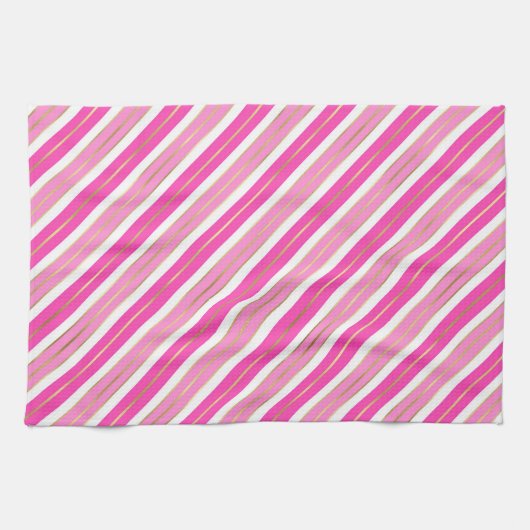 ピンクスタイリッシュとシルバーフォイルのクリスマスストライプ飾り キッチンタオル (横)
