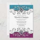 ピンクスタイリッシュとブルーのグリッターシルバきらきら光るーズ結婚 招待状 (正面)