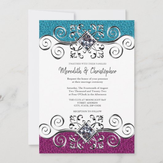ピンクスタイリッシュとブルーのグリッターシルバきらきら光るーズ結婚 招待状 (正面)