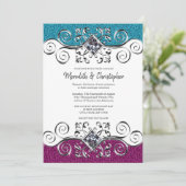 ピンクスタイリッシュとブルーのグリッターシルバきらきら光るーズ結婚 招待状 (スタンド正面)