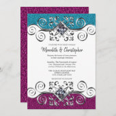 ピンクスタイリッシュとブルーのグリッターシルバきらきら光るーズ結婚 招待状 (正面/裏面)