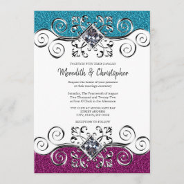 ピンクスタイリッシュとブルーのグリッターシルバきらきら光るーズ結婚 招待状