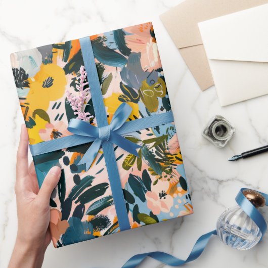 ピンクスタイリッシュとブルーの抽象芸術花柄 ラッピングペーパー (ギフト)