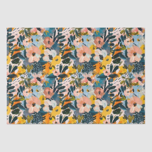 ピンクスタイリッシュとブルーの抽象芸術花柄 薄葉紙 (正面)