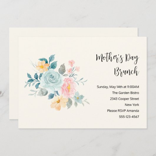 ピンクスタイリッシュとブルーの花マザーズデイブランチ 招待状 (正面/裏面)
