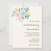 ピンクスタイリッシュとブルーフラワーブーケ結婚- s 招待状 (正面)