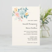 ピンクスタイリッシュとブルーフラワーブーケ結婚- s 招待状 (スタンド正面)
