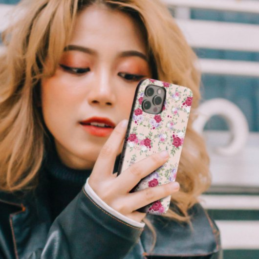 ピンクスタイリッシュと赤のフローラヴィンテージパターン iPhoneケース