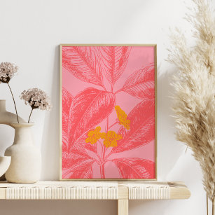 ピンクスタイリッシュと赤の植物性の葉自然アート ポスター