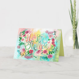 ピンクスタイリッシュと黄色の誕生日花あいさつ カード