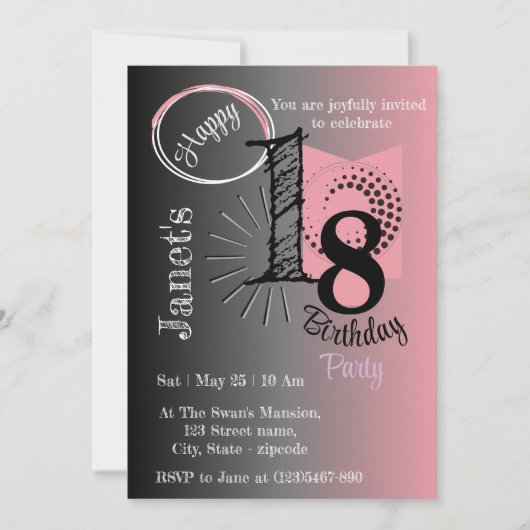 ピンクスタイリッシュと黒のグラデーションの幾何学的誕生日 招待状 (正面)