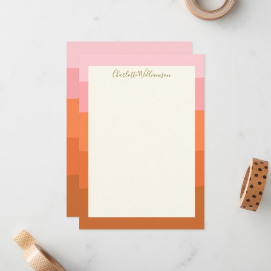 ピンクスタイリッシュのオレンジ色の抽象芸術ストライプスクリプト名 ノートカード (正面/裏面インサイチュ)