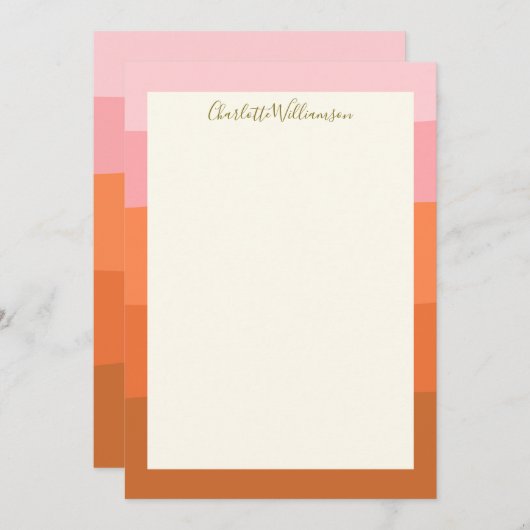 ピンクスタイリッシュのオレンジ色の抽象芸術ストライプスクリプト名 ノートカード (正面/裏面)
