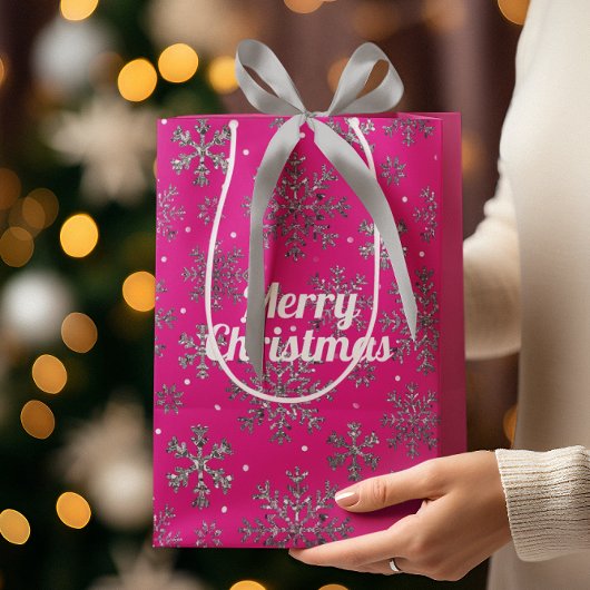 ピンクスタイリッシュのクリスマスと雪エレガント片 ミディアムペーパーバッグ