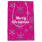 ピンクスタイリッシュのクリスマスと雪エレガント片 ミディアムペーパーバッグ (正面)