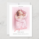 ピンクスタイリッシュのスクリプト写真の誕生発表 マグネット招待状 (正面)