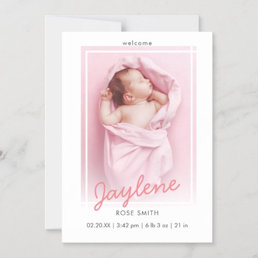ピンクスタイリッシュのスクリプト写真の誕生発表 マグネット招待状 (正面)