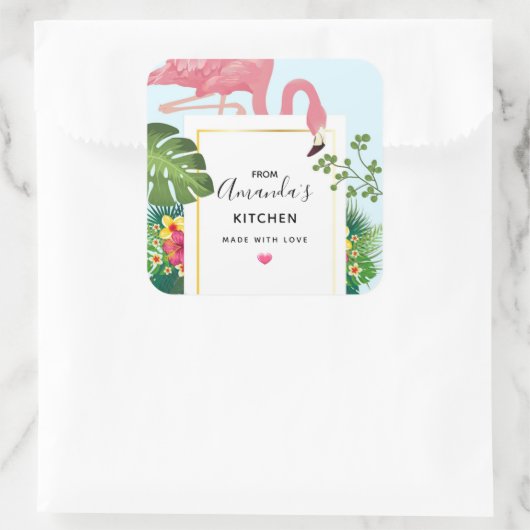 ピンクスタイリッシュのフラミンゴと熱帯葉のキッチン スクエアシール (バッグ)