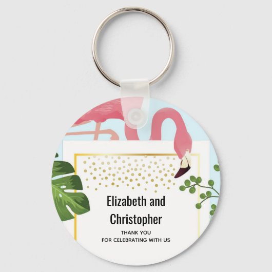 ピンクスタイリッシュのフラミンゴと熱帯葉のフラ結婚ミンゴ キーホルダー (正面)