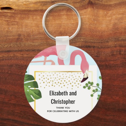 ピンクスタイリッシュのフラミンゴと熱帯葉のフラ結婚ミンゴ キーホルダー (正面)