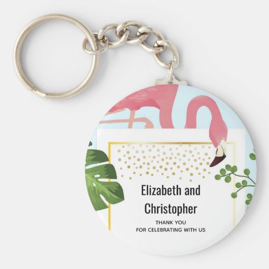 ピンクスタイリッシュのフラミンゴと熱帯葉のフラ結婚ミンゴ キーホルダー (正面)