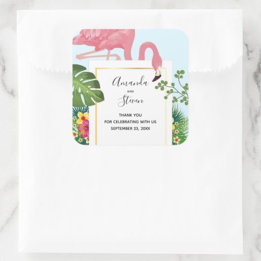 ピンクスタイリッシュのフラミンゴと熱帯葉のフラ結婚ミンゴ スクエアシール (バッグ)