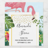 ピンクスタイリッシュのフラミンゴと熱帯葉のフラ結婚ミンゴ ワインラベル (シングルラベル)