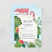 ピンクスタイリッシュのフラミンゴと熱帯葉のフラ結婚ミンゴ 出欠カード (正面/裏面)