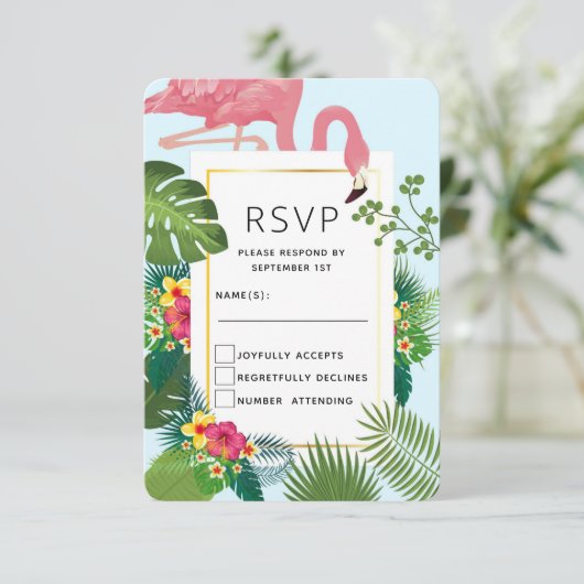 ピンクスタイリッシュのフラミンゴと熱帯葉のフラ結婚ミンゴ 出欠カード (スタンド正面)
