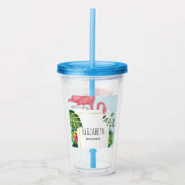 ピンクスタイリッシュのフラミンゴと熱帯葉の アクリルタンブラー