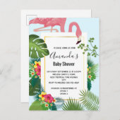 ピンクスタイリッシュのフラミンゴと熱帯葉の インビテーションポストカード (正面/裏面)