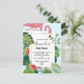 ピンクスタイリッシュのフラミンゴと熱帯葉の インビテーションポストカード (スタンド正面)
